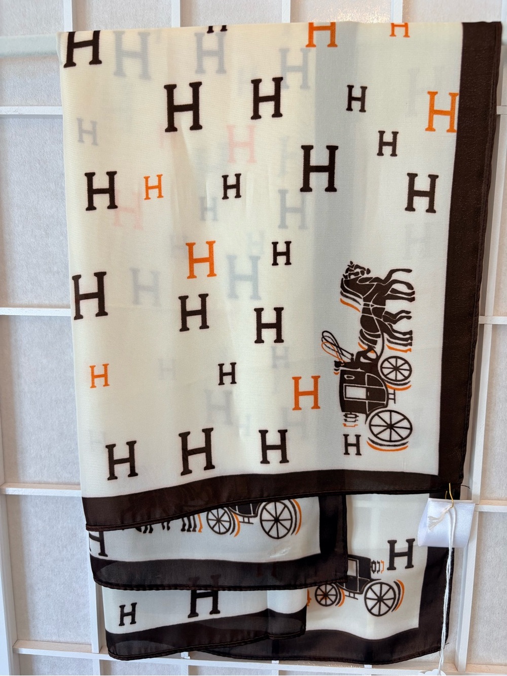 Luxury Horse & Carriage Scarf in Cream, Brown & Orange